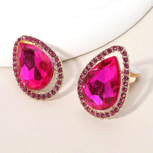 Teardrop Stone Evening Clip On Earrings - Fuchsia, Gold