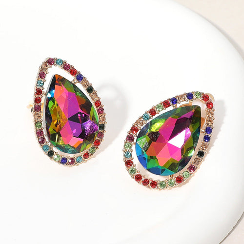 Teardrop Stone Evening Clip On Earrings - Gold, Multi
