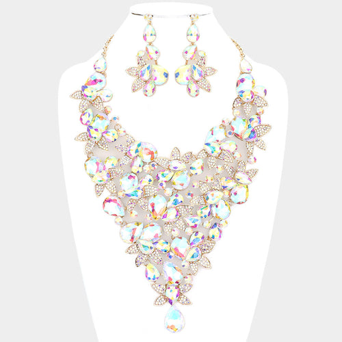 Teardrop Stone Leaf Cluster Vine Statement Evening Necklace - AB, Gold