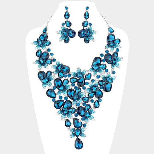 Teardrop Stone Leaf Cluster Vine Statement Evening Necklace - Blue Zircon