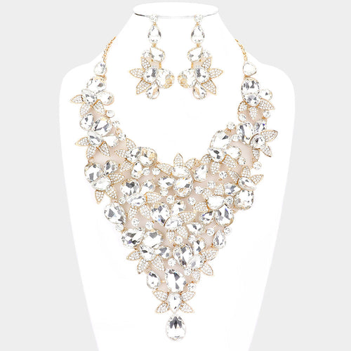 Teardrop Stone Leaf Cluster Vine Statement Evening Necklace - Gold