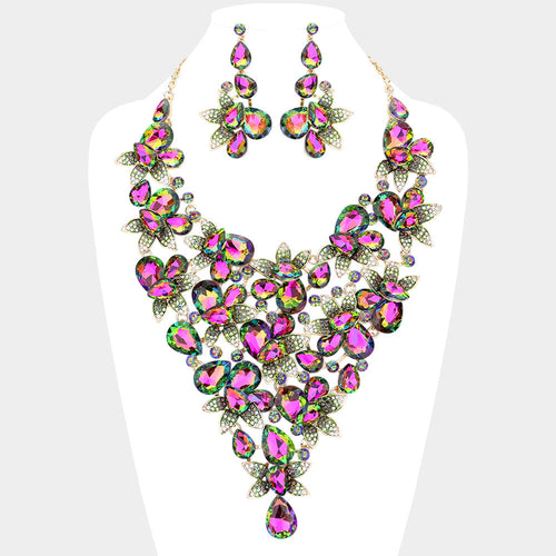 Teardrop Stone Leaf Cluster Vine Statement Evening Necklace - Default Title