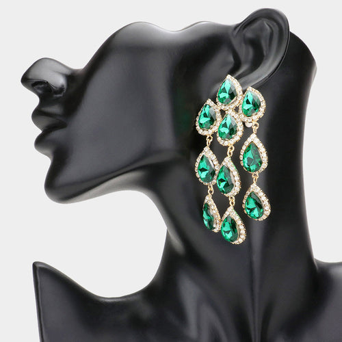 Teardrop Stone Link Dangle Clip on Evening Earrings - Emerald