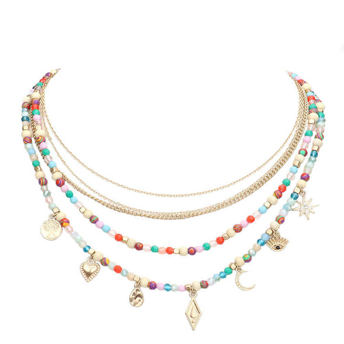 Tree of Life Crescent Moon Evil Eye N Star Station Necklace - Multi