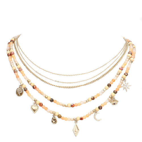 Tree of Life Crescent Moon Evil Eye N Star Station Necklace - Neutral