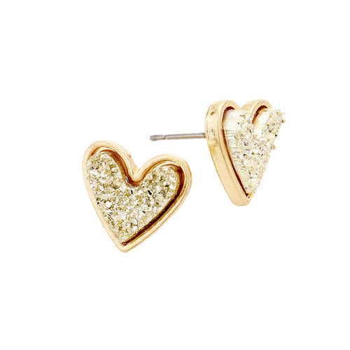 Trendy Fashionable Druzy Heart Stud Earrings - Gold