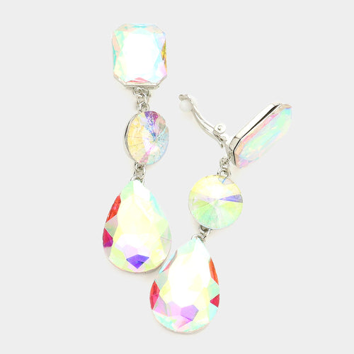Women's Triple Glass Crystal Drop Clip On Dangle Earrings - AB, Silver