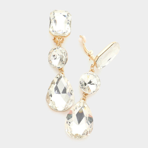 Women's Triple Glass Crystal Drop Clip On Dangle Earrings - Gold