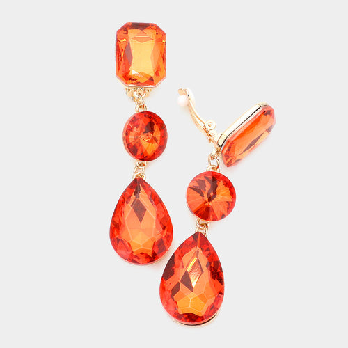 Women's Triple Glass Crystal Drop Clip On Dangle Earrings - Orange