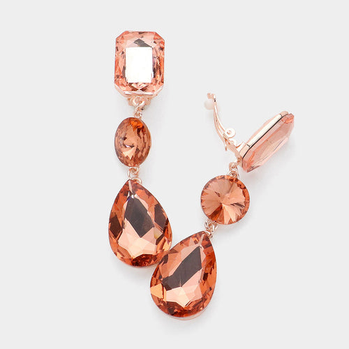 Women's Triple Glass Crystal Drop Clip On Dangle Earrings - Peach, Rose Gold