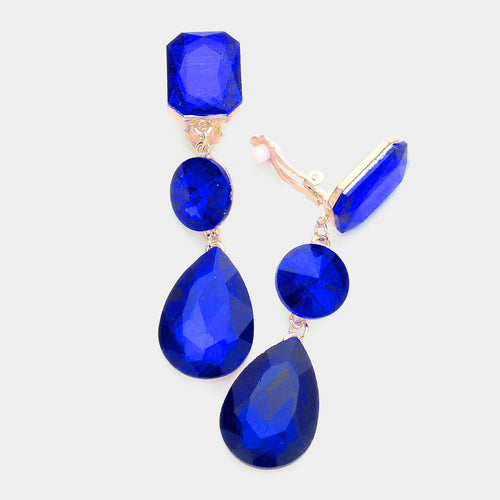 Women's Triple Glass Crystal Drop Clip On Dangle Earrings - Sapphire