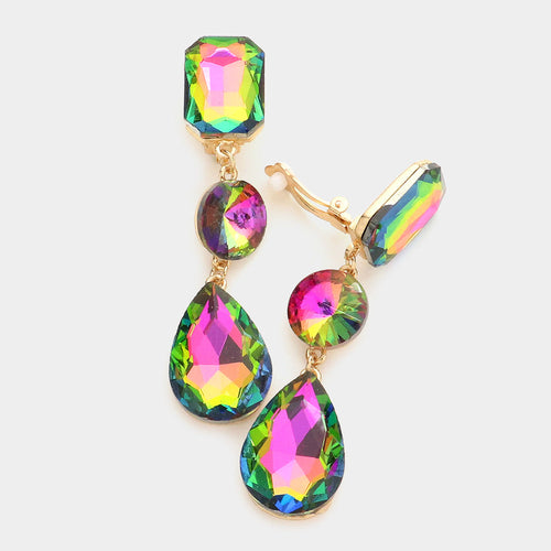 Women's Triple Glass Crystal Drop Clip On Dangle Earrings - Vitrail Medium