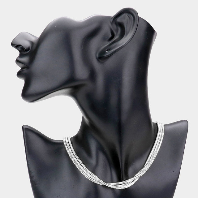 Rhodium Triple Layered Brass Metal Chain Choker Necklace