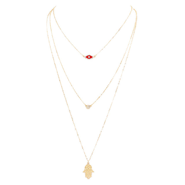 Triple Layered Crystal Evil Eye Hamsa Hand Pendant Necklace, belief says when someone eyes your good fortune with jealousy or gluttony, bad luck in some form is bound to befall you, the evil eye necklace is seen as a symbol to protect & ward off negative energy. Hamsa Hand brings its owner happiness, luck, health & good fortune, wearing this can bring you good luck! Great gift: Vacation, Birthday, Anniversary, Christmas, Just Because, Valentine's, Mother's day, Easter