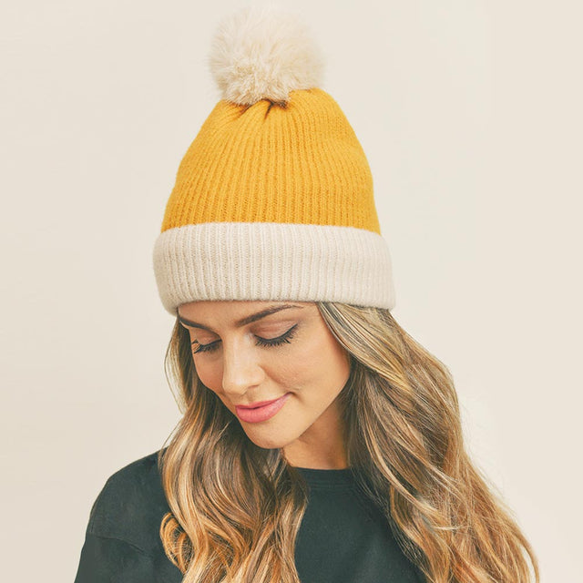 Mustard Two Tone Knit Pom Pom Beanie Hat