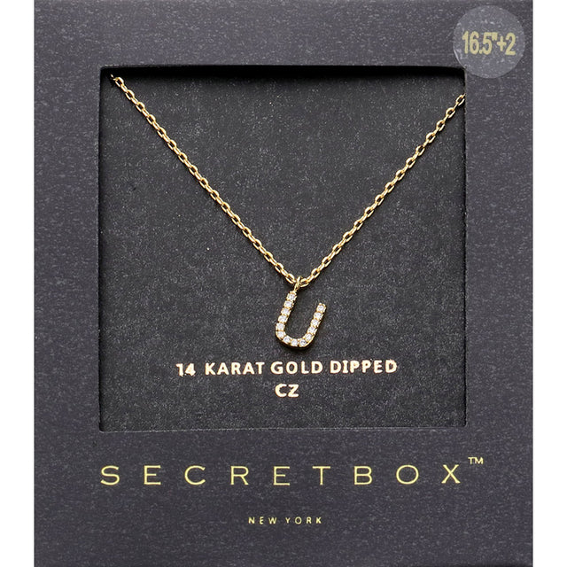 ~U~, Gold -U- Secret Box _ 14K Gold Dipped CZ Initial Monogram Pendant Necklace