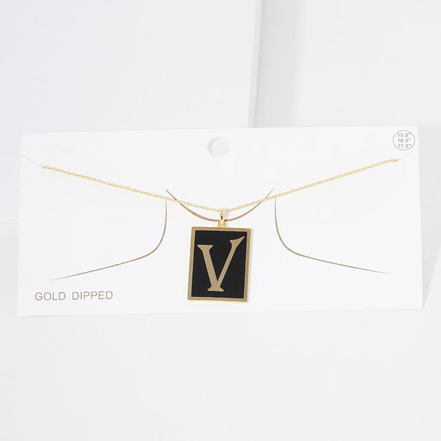 Gold -V- Gold Dipped Enamel Rectangle Initial Monogram Pendant Necklace