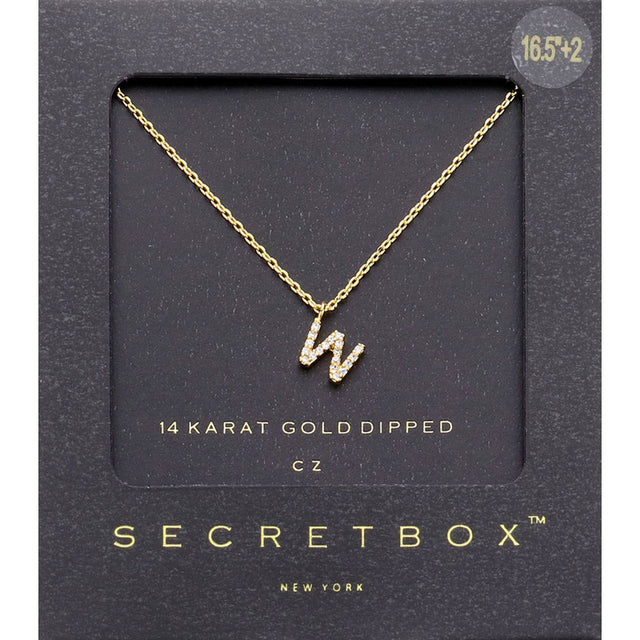 ~W~, Gold -W- Secret Box _ 14K Gold Dipped CZ Initial Monogram Pendant Necklace