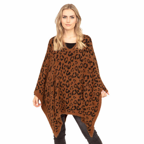 Poncho cálido y acogedor con estampado de leopardo y estampado animal - Marrón