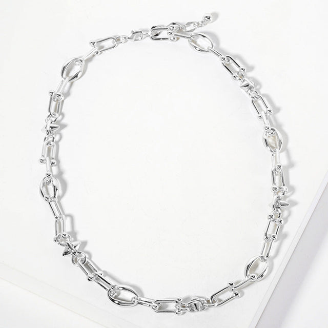 Rhodium White Gold Dipped Abstract Industrial Chain Necklace