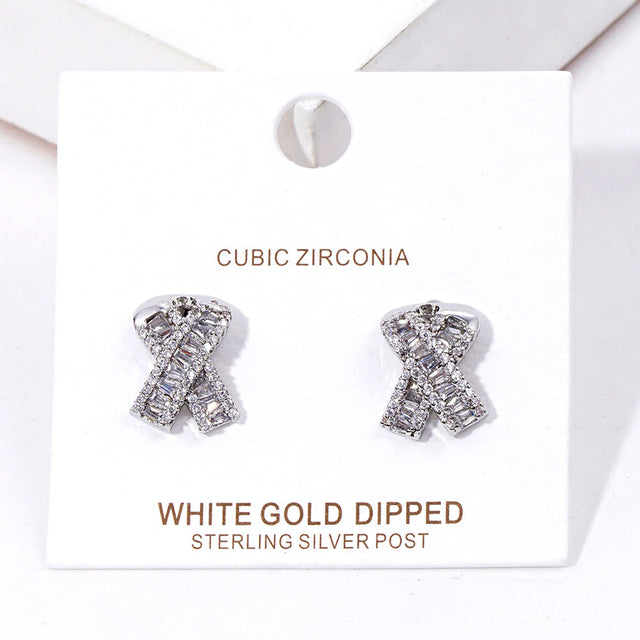 Rhodium White Gold Dipped CZ Pink Ribbon Stud Earrings