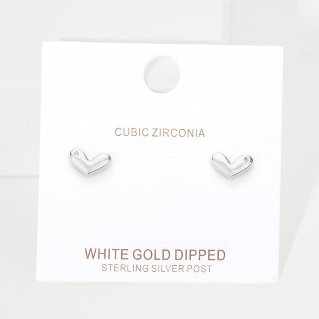 White Gold Dipped CZ Embellished Heart Stud Earrings - Rhodium - Earrings