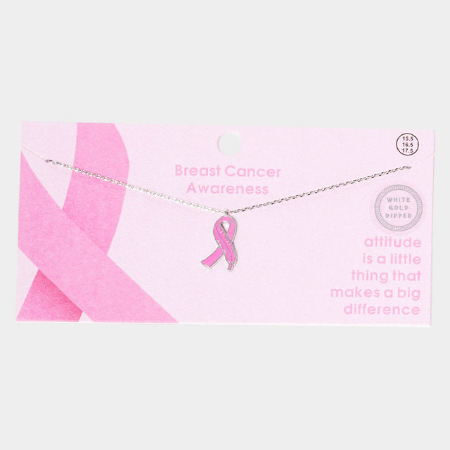 Rhodium White Gold Dipped Enamel Feather Detailed Pink Ribbon Pendant Necklace