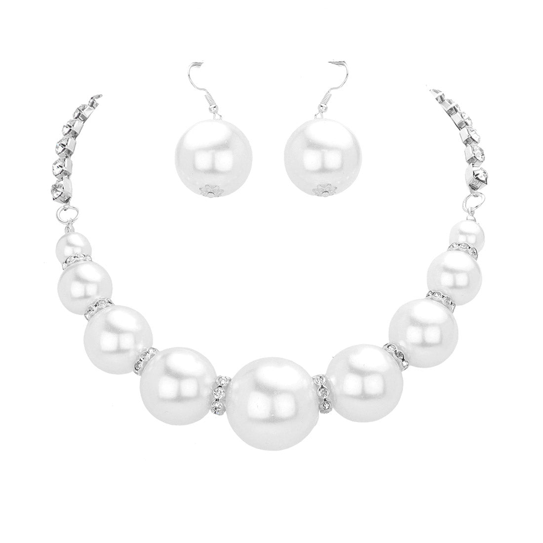 Silver, Clear, White Multi Sized Pearl Round Stone Necklace Earring Set is boasting an exquisite range of pearls of varying sizes, this necklace will add a gorgeous touch of class and sophistication to any outfit. Perfect for parties, Weddings, Birthday Gift, Anniversary, Christmas Gift, Regalos de: Cumpleanos, Navidad, Anniversario, etc