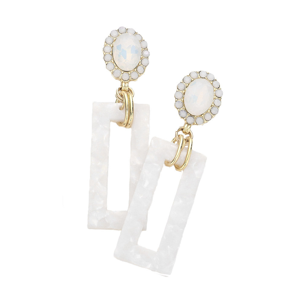 Tired of plain old earrings? Add some pizzazz to your look with these White Oval Stone Celluloid Acetate Open Rectangle Link Dangle Earrings! Embellished with rhinestones in open circles, these earrings are sure to sparkle. Perfect Birthday Gift, Anniversary Gift,  Christmas Gift, Regalo Navidad, Regalo Cumpleanos