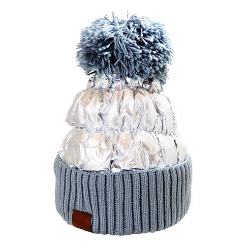 Women's Winter Cozy Puffer Knit Pom Glossy Beanie Hat - Silver