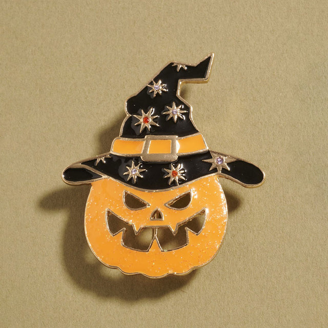 Jet Black Witch Hat Halloween Wicked Pumpkin Pin Brooch
