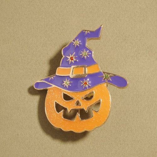 Witch Hat Halloween Wicked Pumpkin Pin Brooch - Purple