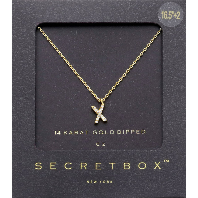 ~X~, Gold -X- Secret Box _ 14K Gold Dipped CZ Initial Monogram Pendant Necklace