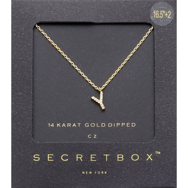 ~Y~, Gold -Y- Secret Box _ 14K Gold Dipped CZ Initial Monogram Pendant Necklace
