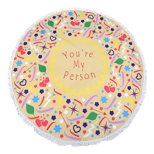 "You're my Person" Heart Round Beach Terry Towel / Blanket / Throw great for relaxing under the sun, it‚Äôs time to enjoy those summertime vibes with a fun beach vacay!  ‚Ä¢ Color : Yellow ‚Ä¢ Heart, Tassel  ‚Ä¢ Size : 60" X 60" ‚Ä¢ Material : 100% Cotton (Terry Towel) ‚Ä¢ Weight : 600 g ‚Ä¢ Beach Towel, Blanket, Throw