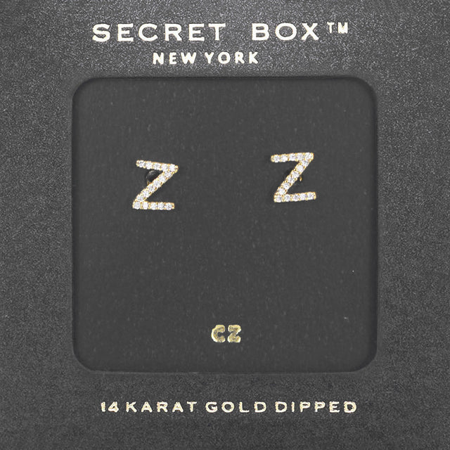Gold -Z- Secret Box _ 14K Gold Dipped CZ Initial Monogram Stud Earrings