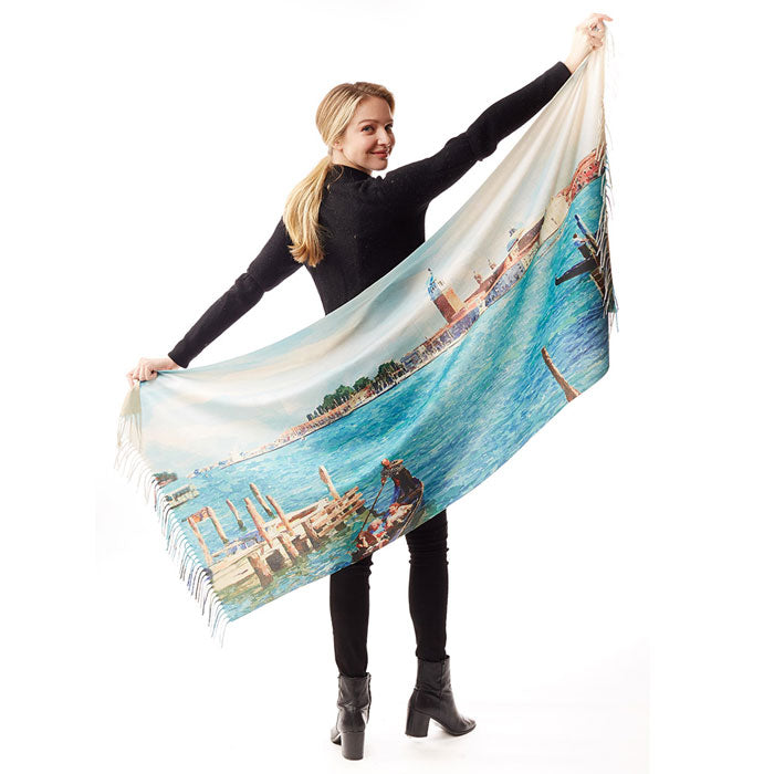 Watercolor Painting of Boats on The River Printed Scarf, the perfect accessory, luxurious, super soft wrap, keeps you warm and toasty. Throw it on over many pieces to elevate any casual outfit! Birthday Gift, Christmas Gift, Anniversary Gift, Regalo Navidad, Regalo Cumpleanos, Regalo Dia del Amor, Valentine's Day Gift
