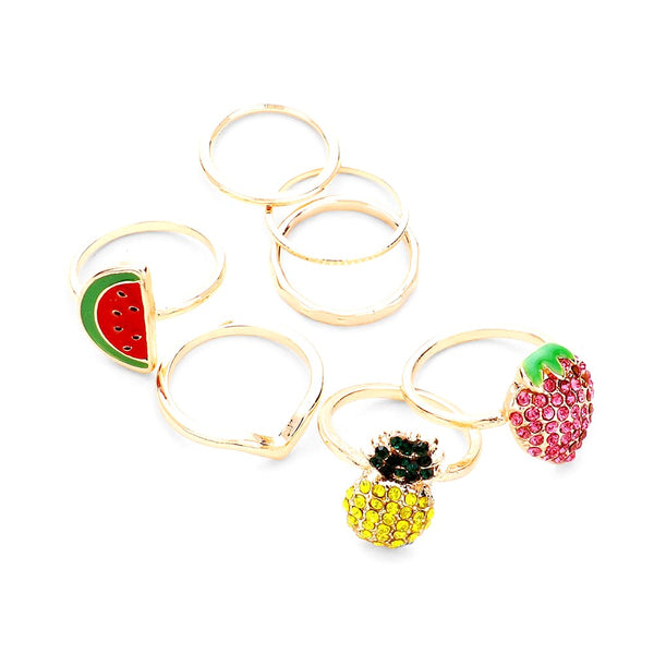 7pc Set Crystal Embellished Pineapple, Strawberry, Enameled Watermelon, Metal Rings, add a sweet treat to your look, this set of rings will show your tropical and fruity side ideal for any summer get together and embrace the beauty of nature and add the perfect pop of detail to your look. • Color: Gold • Theme : Fruits/Food • Size : 0.1" H - 0.7" H