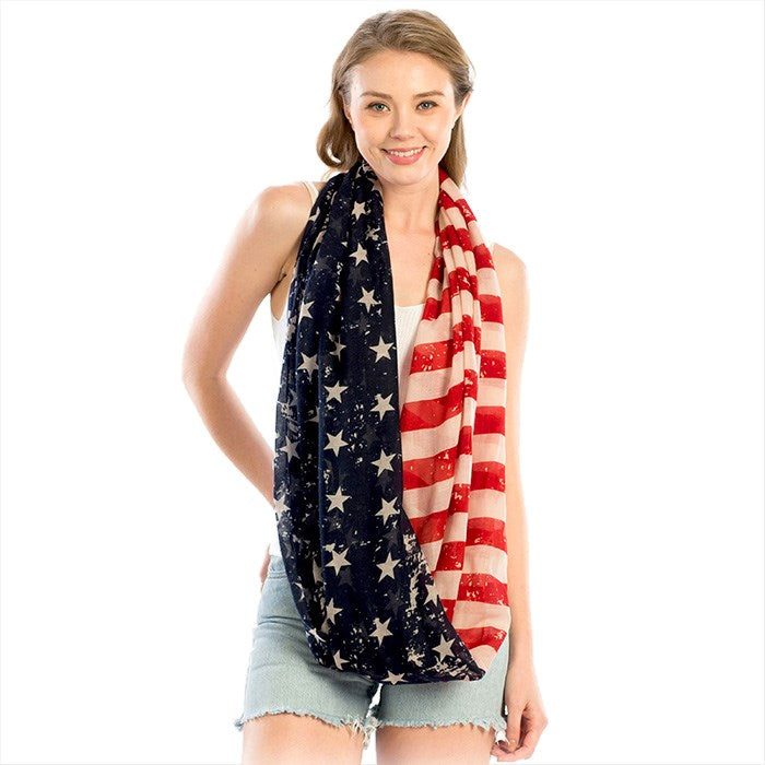 American Flag Printed Infinity Scarf, very patriotic & fun scarf is such an easy accessory. Scarf is super soft and super light. Wear it year round to show your patriotism. Jazz up your red, white & blue outfit, show your true American colors for every Holiday, Elections! Blue/Red/White; Size: 36" x 36"; 100% Polyester