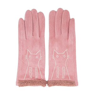 Pink Faux Suede Embroidery Cat Detail Solid Smart Touch Gloves Women’s Cat Detail Gloves Kitty Cat Stretch Fit Texting & Tech Touchscreen Gloves kitty cat themed stretch fit gloves Cat Faux Suede Gloves