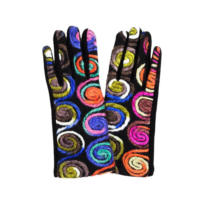 Multi Color Yarn Circular Embroidery Warm Smart Touch Gloves, gives your look so much eye-catching texture w circular design embellishment, on a cozy faux suede feel, fashionable, attractive, cute looking in winter season, these warm accessories allow you to use your phones. Perfect Gift! Black, Brown, Navy, Coral