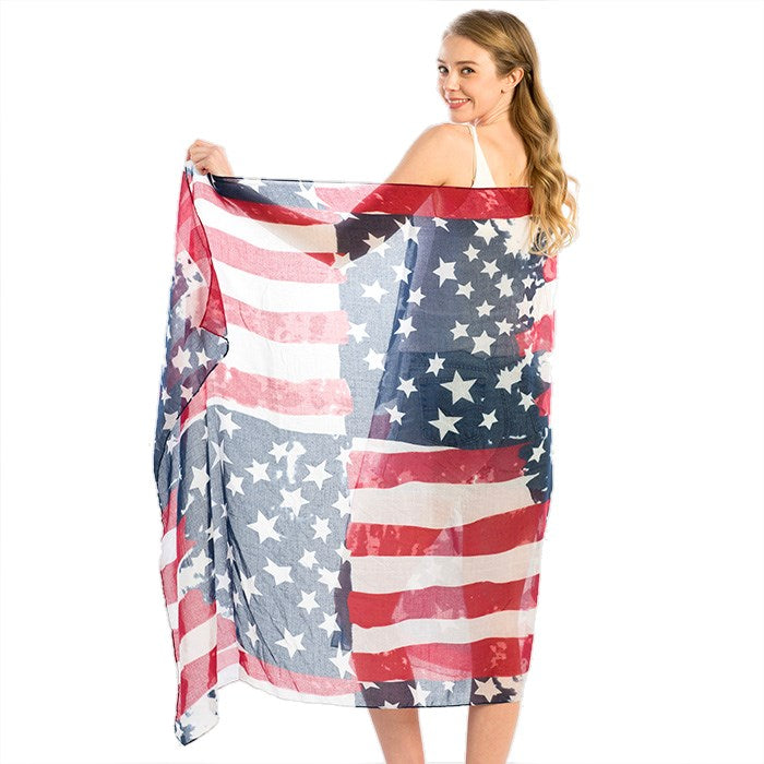 American Flag Printed Oversized Oblong Scarf. Very patriotic & fun accessory, Scarf material is super soft and super light. Wear it year round to show your patriotism. Jazz up your red, white & blue outfit and show your true American colors for every Holiday, Elections! Blue/Red/White; Size: 27" x 70"; 100% Polyester