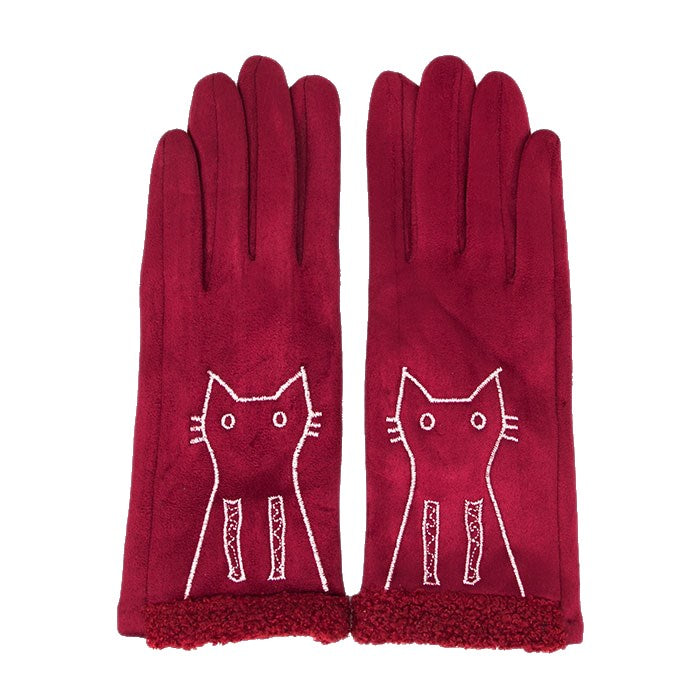Burgundy Faux Suede Embroidery Cat Detail Solid Smart Touch Gloves Women’s Cat Detail Gloves Kitty Cat Stretch Fit Texting & Tech Touchscreen Gloves kitty cat themed stretch fit gloves Cat Faux Suede Gloves