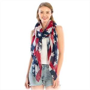 American Flag Printed Oversized Oblong Scarf. Very patriotic & fun accessory, Scarf material is super soft and super light. Wear it year round to show your patriotism. Jazz up your red, white & blue outfit and show your true American colors for every Holiday, Elections! Blue/Red/White; Size: 27" x 70"; 100% Polyester