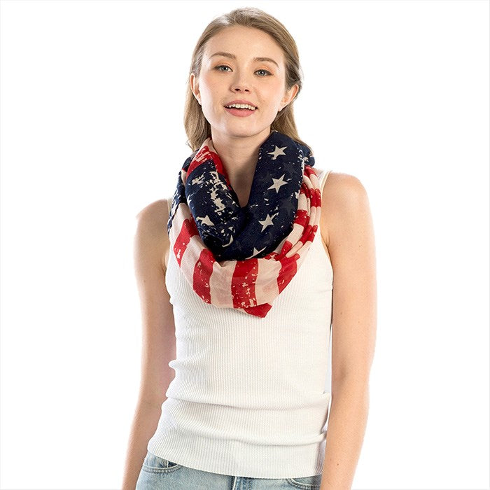 American Flag Printed Infinity Scarf, very patriotic & fun scarf is such an easy accessory. Scarf is super soft and super light. Wear it year round to show your patriotism. Jazz up your red, white & blue outfit, show your true American colors for every Holiday, Elections! Blue/Red/White; Size: 36" x 36"; 100% Polyester