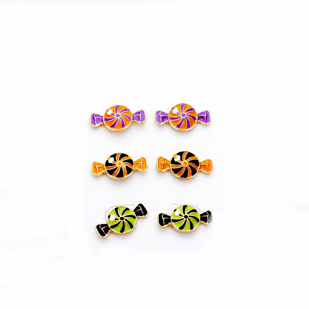3Pairs Delicious Sweet Candy Treats Enamel Stud Earrings, Halloween is the time of year where there is magic in the night when pumpkins glow with candlelight, we have the perfect accessories to add sparkling sweet style to your look. Dress up, have a spook-takular good time! Size: 0.75"x0.30"; Gold, Multi; Post Back