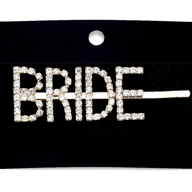 Sparkly Crystal Pave "BRIDE" Rhinestone Hair Pin, Perfect for adding just the right amount of sparkle, elegant glamour to your hair style, adorn your updo and show off your shiny rhinestone-studded message bobby pin. Clear/Gold, Clear/Rhodium; Wedding, Bridal Shower, Bachelorette Party, Honeymoon