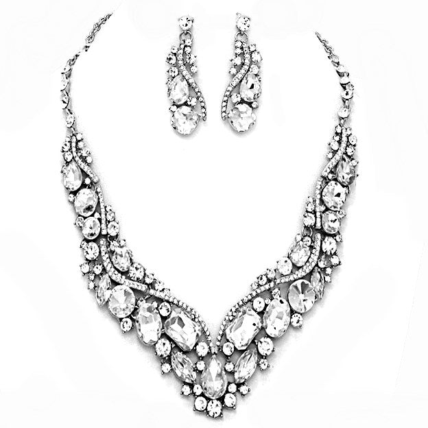 Crystal Inset Necklace matching Earrings Evening Set, dare to dazzle with this bejeweled set designed to accent the neckline and enhance the eyes. Perfect for that LBD, add some glitz and Glamour. Ideal gift for a loved one or yourself. Perfect for a night out, holiday party, special event, wedding, prom, sweet 16