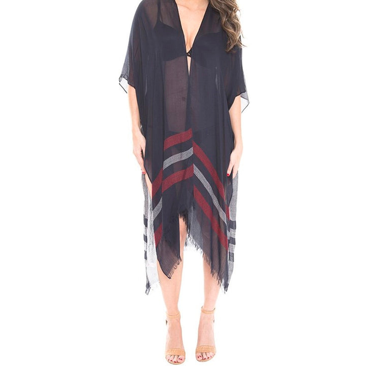 Two Tone Line Long Cover-up Cardigan Poncho Kimono, Beach/Poolside chic is made easy with this lightweight cover-up featuring tonal line & a relaxed silhouette, look perfectly breezy & laid-back as you head to the beach. An accessory easy to pair with so many tops, elevating any casual outfit! Perfect Gift! 