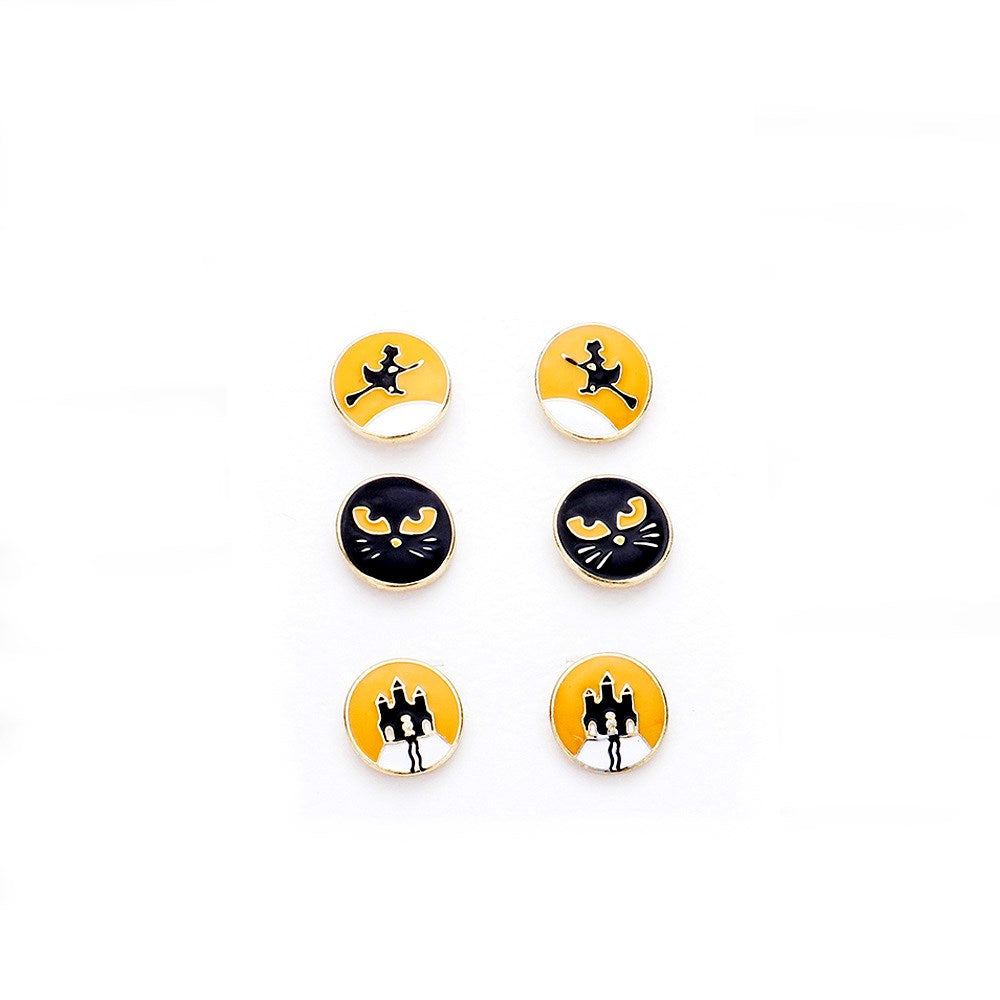 3Pairs Wicked Witch, Black Cat, Haunted Castle Enamel Stud Earrings, Halloween is the time of year where there is magic in the night when pumpkins glow with candlelight, we have the perfect accessories to add sparkling sweet style to your look. Dress up, have a spook-takular good time! 0.4"x0.3"; Gold, Multi; Post Back